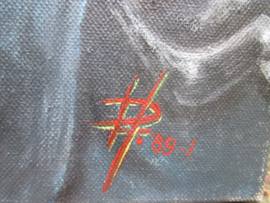 Painting of a British fireman with merry weather helmet. schilderij olieverf op canvas Typische Engelse brandweerman met koperen helm.