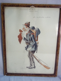 Drawing, water- coloured,Belgium soldier say goodbye and is sat.1914, Aquarel van een Belgische soldaat Wielrijder, die afscheid neemt om naar het front te gaan, mooie karikatuur schets gesigneerd 1914