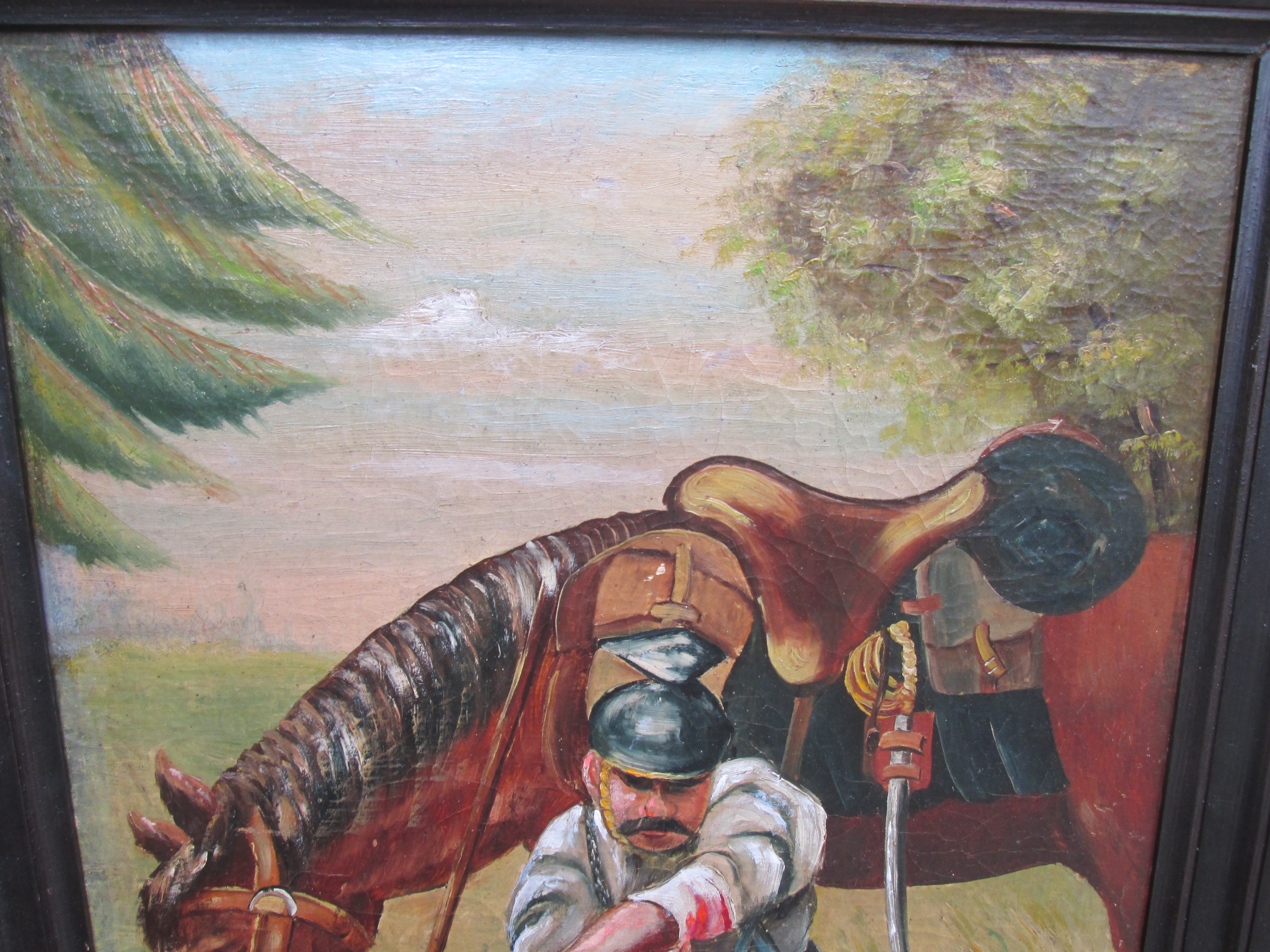 Painting on wood. Schilderij olieverf op paneel gesigneerd H.v.Schaik 1915, Een Ulaan verbind zijn verwonding, mooi apart geschilderd oorlogs tafereel