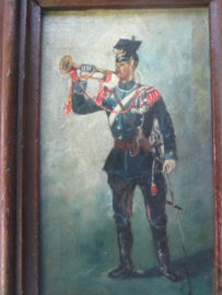 German painting. Schilderij olie op canvas, met houten lijst, Duitse Ulaan met trompet, op de helm het Pruisisch embleem leuk klein schuilderij. 25 bij 35 cm met lijst.