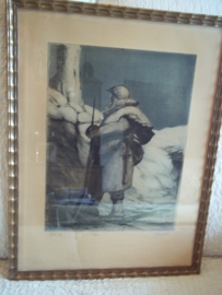 Nice print signed and numbered. Druk, genummerd en gesigneerd, Belgische soldaat aan de ijzer WO1, ingelijst.