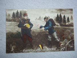 French postcard French and german soldier helping each other. Franse patriotische postkaart