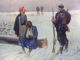 Painting small size 17 bij 14 cm by Christiaan Sell, very famous. Schilderij op hout gevangen koloniale soldaten TOP