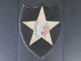 WW2 -US-Army sleeve patch 2 nd. Infantry Division Indian Head. Amerikaans mouwembleem WO2 aanmaak landen o.a. op Omaha Beach 7 juni 1944, bijzonder.
