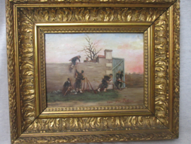 Schilderij op paneel, met gouden lijst, gesigneerd. Etienne Berne Bellecour. afm. lijst 27 x 31 paneel is 14 x 19 cm. zeer gedetailleerd.