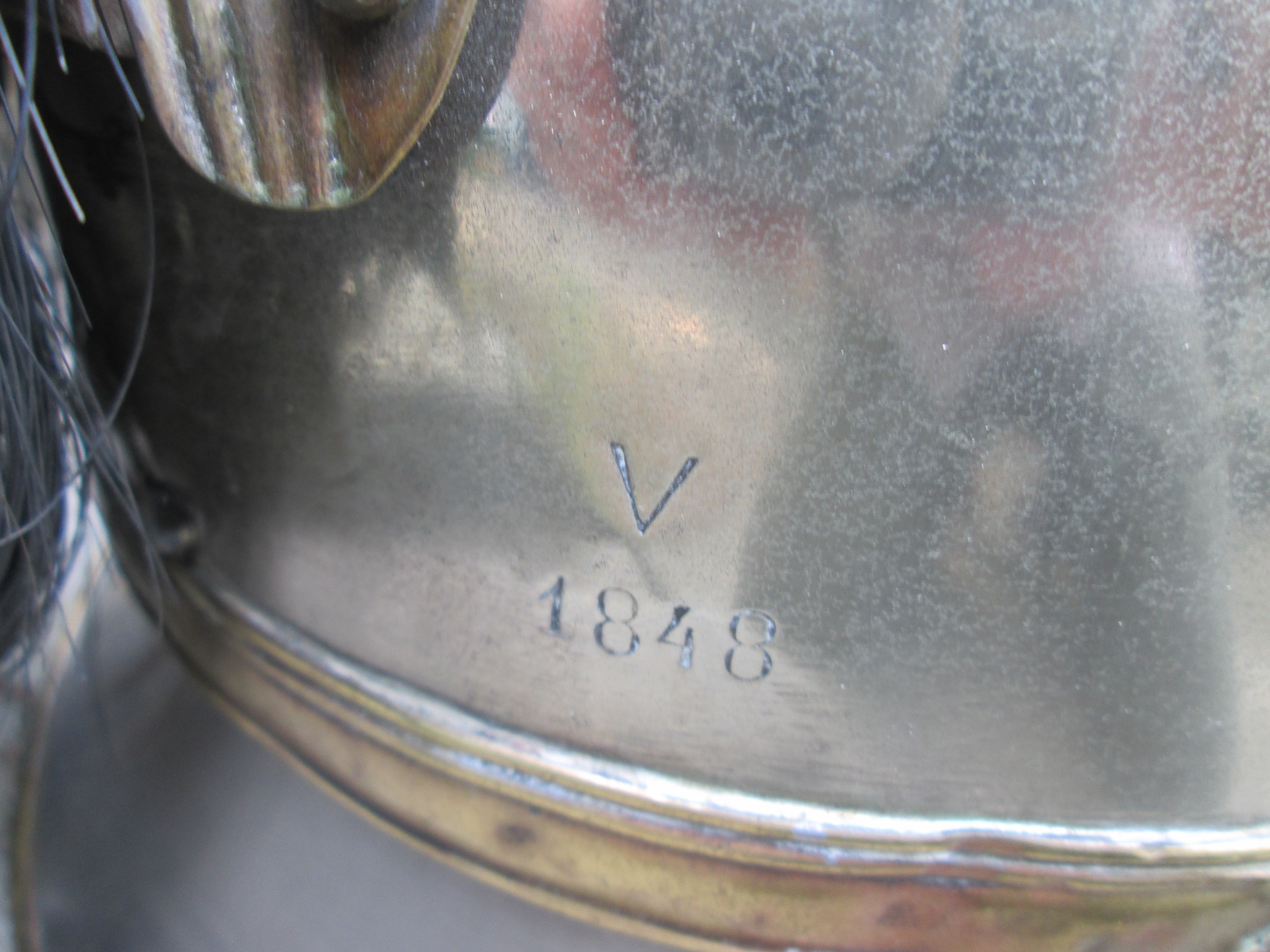 Belgium Dragoner helmet M/1848 complete with original innerliner. Belgische kurassiers/ Dragoner helm mooi gemarkeerd met origineel binnenwerk wat zwaarder model zeldzaam stuk.