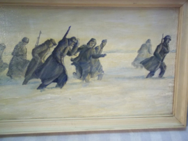 Painting, Dutch or German soldiers in a snow landscape, not signed. Schilderij Nederlandse of Duitse soldaten in een sneeuw landschap afm. 20 bij 38 cm. zeer bijzondere voorstelling.