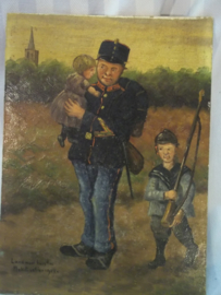 Geschilderd op paneel, Karikatuur van de Nederlandse Landwacht, Mobilisatie 1914, zeer leuke set.