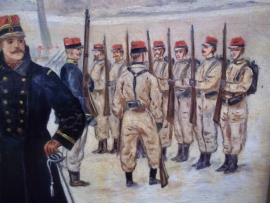 Painting French soldiers excercise. signed M.Millot. Schilderij in lijst olieverf op hout of karton, zeer decoratief leuke voorstelling.34 bij 27 cm.