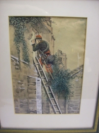 Aquarel van een Franse officier tijdens de 1e WO met passe-partout gesigneerd. duidelijke afbeelding