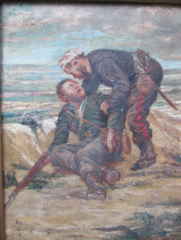 Military painting, 2 wounded soldiers. Militair schilderij van 2 Gewonden soldaten, nationaliteit is niet te herkennen. doch is het zeer artistiek geverfd. in lijst.