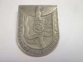 German tinnie, rally badge, Duitse tinnie, Gautag Hessen- Nassau Frankfurt am Main 1936 marked E.F.Wiedmann Frankfurt am Main. mooi massief embleem.