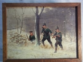 Painting Christiaan Sell, 1870. Schilderij op hout 3 Duitse soldaten TOP, zeer gedetailleerd.  18 bij 15 cm