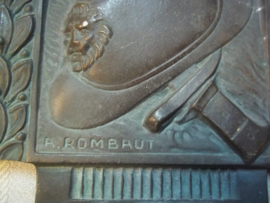 Bronse plaque Belgium WW1 medal. Bronzen plaquette van het vuurkruis, Belgische medaille gesigneerd. grafplaat Ijser strijder.