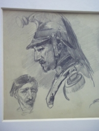 Pencil drawing of Otto von Faber du Faur. 1828- 1901,study of Military heads,Originele potloodtekening, kopstudie van soldaten, met prachtig getekende Franse Kurassier. TOP ingelijst met paspartout.