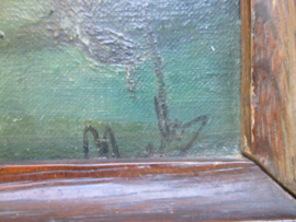 German painting. Schilderij olie op canvas, met houten lijst, Duitse Ulaan met trompet, op de helm het Pruisisch embleem leuk klein schuilderij. 25 bij 35 cm met lijst.