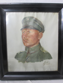 Painting of a german NCO soldier. signed FLECK.  juli  1917. Schilderij ingelijst achter glas Duitse onder- officier, zie gefreiter knöpfen op de kraag en Ijzeren kruis 2r klas lint. zeer net schilderij gesigneerd. nooit uit lijst geweest. 40 x 45 cm.