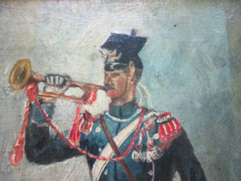 German painting. Schilderij olie op canvas, met houten lijst, Duitse Ulaan met trompet, op de helm het Pruisisch embleem leuk klein schuilderij. 25 bij 35 cm met lijst.