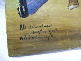 Schilderij op houten paneel, militair tafereel, Als de landweer huis toe gaat, mobilisatie 1914