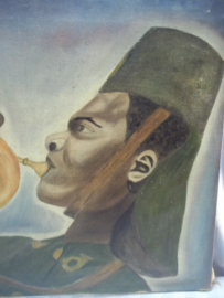 Painting Belgium Colonial soldier,39 cm. bij 49 cm. Force Publique ABBL mei 1940, paited on a flourbag from Canada, schilderij koloniale soldaat geschilderd op een meelzak uit Vancouver Canada, zeer apart, museaal.