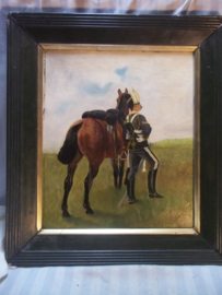Painting on wood English husar with horse signed. Schilderij 35,5 bij 30,5 cm met lijst 45 bij 40 cm. gesigneerd M.W.S. Topps- 1906 olieverf op hout, zeer gedetailleerd, goede staat. gebruikssporen.