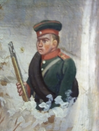 Painting Christiaan Sell, 1870. Schilderij op hout 3 Duitse soldaten TOP, zeer gedetailleerd.  18 bij 15 cm