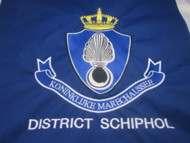 Dutch flag of the Military police. Vaandel gebruikt bij de Nijmeegse Vierdaagse gedragen door de Koninklijke marechaussee KMAR district schiphol. hiervan zijn er 3 gemaakt. dus vrij uniek. Dit vaandel is aan 2 kanten geborduurd.  45 bij 47 cm.