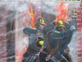 Painting firemen in action. Schilderij olieverf op canvas brandweermannen in actie.