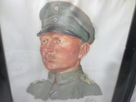 Painting of a german NCO soldier. signed FLECK.  juli  1917. Schilderij ingelijst achter glas Duitse onder- officier, zie gefreiter knöpfen op de kraag en Ijzeren kruis 2r klas lint. zeer net schilderij gesigneerd. nooit uit lijst geweest. 40 x 45 cm.