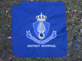 Dutch flag of the Military police. Vaandel gebruikt bij de Nijmeegse Vierdaagse gedragen door de Koninklijke marechaussee KMAR district schiphol. hiervan zijn er 3 gemaakt. dus vrij uniek. Dit vaandel is aan 2 kanten geborduurd.  45 bij 47 cm.