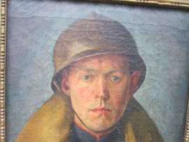 Painting of a Belgium soldier with helmet and overcoat WW1. Schilderij van Belgische soldaat met helm en overjas en Leopold Orde koord. gerestaureerd, niet gesigneerd, maar de compositie is voortreffelijk. afm. 57 bij 45 cm.