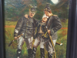 Schilderij olie op canvas gesigneerd J.ROMEIN  --  A mon ami Max. afmeting met lijst 37 x 31 cm.  3 Ulanen waarvan 1 gewond, word gedragen op een geweer. 3e Garde regiment Ulanen.