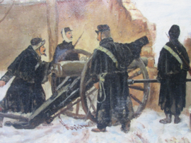 Painting from a war-painter. in an attick found condition. E. Gebrats. Schilderij oorlogs situatie gemaakt door een oorlogsschilder. zeer slechte staat, maar wel bijzonder Oorlogsschilders vind je niet veel werk van.