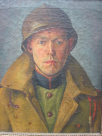 Painting of a Belgium soldier with helmet and overcoat WW1. Schilderij van Belgische soldaat met helm en overjas en Leopold Orde koord. gerestaureerd, niet gesigneerd, maar de compositie is voortreffelijk. afm. 57 bij 45 cm.