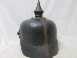 German spike helmet Attick-found in belgium ( Roeselare). Duitse pickelhaube was vanaf WO1 in het bezit van een Belgische familie in Roeselare. mist 1 cocarde en heeft wat vlugroest Bekleidungs ambt 18e Legerkorps.
