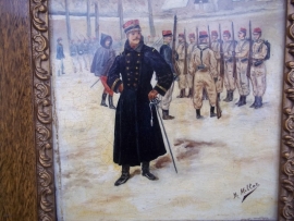 Painting French soldiers excercise. signed M.Millot. Schilderij in lijst olieverf op hout of karton, zeer decoratief leuke voorstelling.34 bij 27 cm.