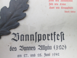 German Hitler- Youth sporting award. Duits Hitler- Jugend H.J. sport oorkonde met lauwertak Bannsportfest 1942