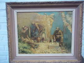 TOP TOP schilderij VENNEKENS 1914- 1918.  Belgische soldaten tijdens een gevechtspauze zeer decoratief, 40 bij 60 cm