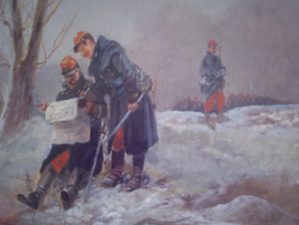 Painting, French officers 1915 Schilderij van Franse officieren die de map bestuderen, tafereel rond 1915 mooi ingelijst  31 - 41 cm ingelijst 45 - 55 cm, zeer decoratief schilder is A.BALQUET.