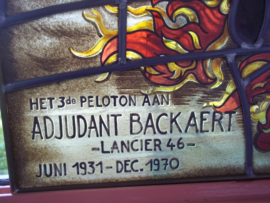Glas in lood raam, Belgische brandweer lancier 46 staat ook op de jas en helm, persoonlijk gegeven, gesigneerd, Meerman Aalst,1970, zeer bijzonder en uniek UNICA item.
