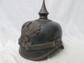 German spike helmet Attick-found in belgium ( Roeselare). Duitse pickelhaube was vanaf WO1 in het bezit van een Belgische familie in Roeselare. mist 1 cocarde en heeft wat vlugroest Bekleidungs ambt 18e Legerkorps.