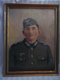 Painting German soldier with M34 fieldcap. Schilderij Duitse soldaat niet gesigneerd, geschilderd op hardboard, zeer gedetailleerd en duidelijk. TOP werk.