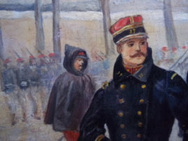 Painting French soldiers excercise. signed M.Millot. Schilderij in lijst olieverf op hout of karton, zeer decoratief leuke voorstelling.34 bij 27 cm.