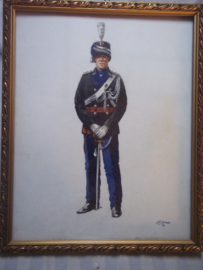 Aquarel van P.J. de Haas 1992 van een hoofdofficier bij de Koninklijke Marechaussee. tevens de brief van de hoofdofficier van Justitie  waarin de schenking staat. zeer leuk geheel