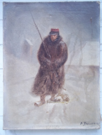 Painting oil on canvas, French soldier crimean war. little damage.Schilderij olie op doek Franse soldaat in winterkleding  op zijn post gesigneerd.kleine beschadiging