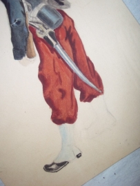 Water-coloured painting of a French soldier 1870 early 1914, the artist did not finished it.Aquarel Franse soldaat 1870 begin 1914, rechter been is getekend, maar niet ingekleurd, is ingelijst 18 bij 23 cm.