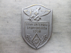 German tinnie, rally badge, Duitse tinnie HJ- Hitler- Jugend Bann untergau sporttreffen 1938.