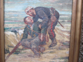 Military painting, 2 wounded soldiers. Militair schilderij van 2 Gewonden soldaten, nationaliteit is niet te herkennen. doch is het zeer artistiek geverfd. in lijst.
