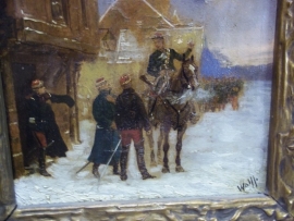 Painting oil on canvas French soldier on horse warns officers.Schilderij olie op doek Franse cavallerist waarschuwt enkele officieren. in originele lijst