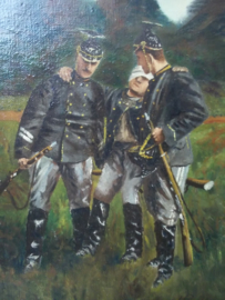 Schilderij olie op canvas gesigneerd J.ROMEIN  --  A mon ami Max. afmeting met lijst 37 x 31 cm.  3 Ulanen waarvan 1 gewond, word gedragen op een geweer. 3e Garde regiment Ulanen.